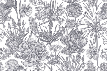 Fototapeta premium Spring flowers tulips, daffodils, primroses, irises, hyacinths. Seamless pattern. Vintage. Vector.