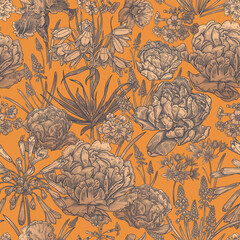 Spring flowers tulips, daffodils, primroses, irises. Seamless pattern. Vintage. Vector.