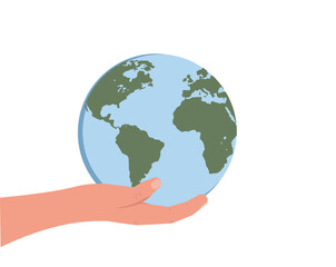 Human hand holds small Earth globe with love and care. Concept of ecological movement and responsibility for nature. Green planet in the arm. Saving the planet cartoon vector illustration.