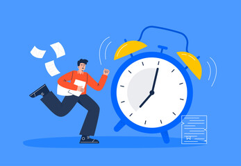 A tired man running with a lot of paperwork. A worker rushing in a hurry to get on time at work. Missing deadline concept. Flat-style vector illustration on the background.