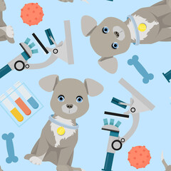 Seamless veterinary pattern with a dog, a microscope and bones on a blue background