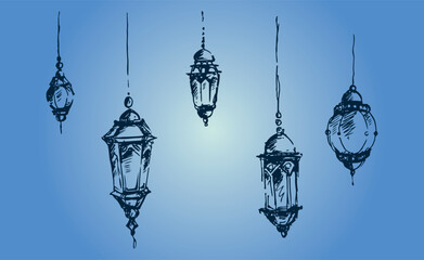 Fototapeta na wymiar Hand drawn Ramadan Kareem and lantern background,beautiful greeting card design elements