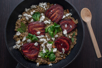 lentil salad with beet root and feta cheese