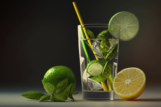 Mojito cocktail with lime and mint served in a glass. Generative AI