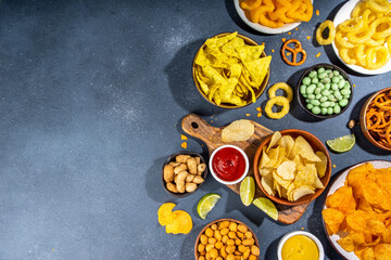 Various unhealthy bar snacks set