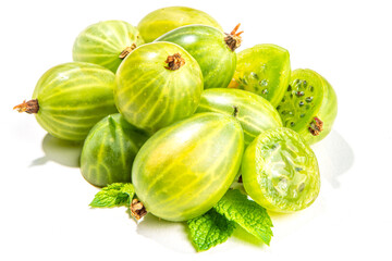 Gooseberry with leaf isolated on white.
