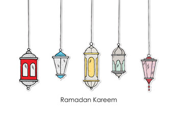 Hand drawn Ramadan Kareem and lantern background,beautiful greeting card design elements