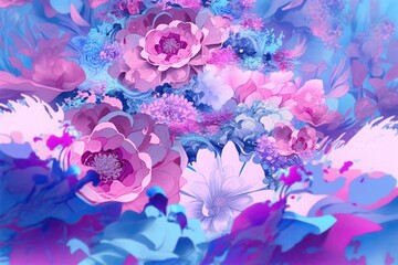 Fantasy glowing pink and blue blue flowers background. Generative AI illustration
