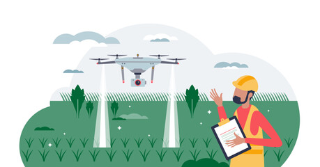 Future farming with high tech agriculture automation tiny person concept, transparent background.Flying drone above crops field for growth monitoring and control illustration. © VectorMine