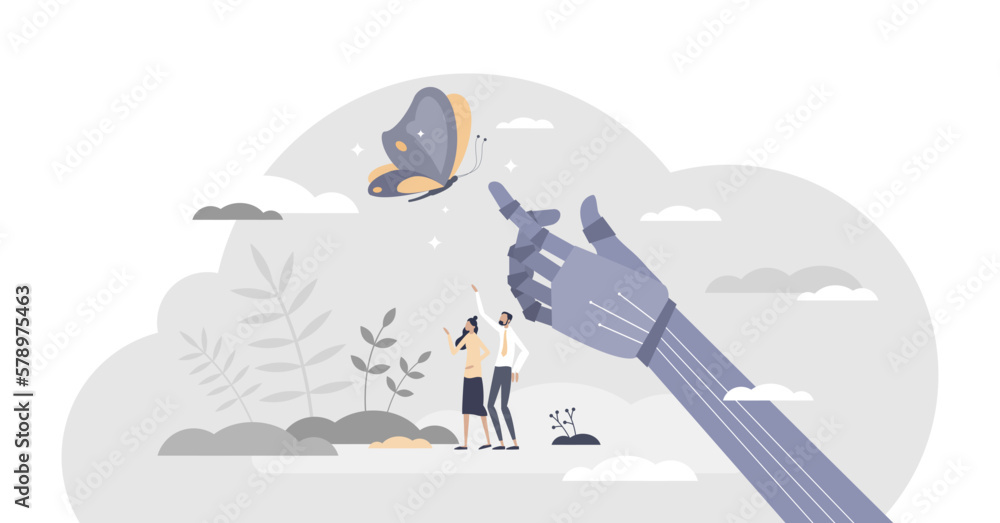 Poster nature and tech together with organic and robot ai mechanical arm element tiny person concept, trans