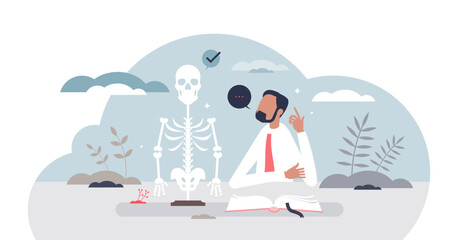 Learning anatomy and human skeleton bones knowledge tiny person concept, transparent background. Academic theory education from medical literature illustration.