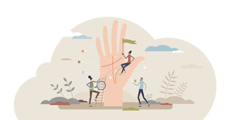 Palm reading as future telling from open hand lines tiny person concept, transparent background.Life forecasting and prediction using mystic esoteric method illustration.