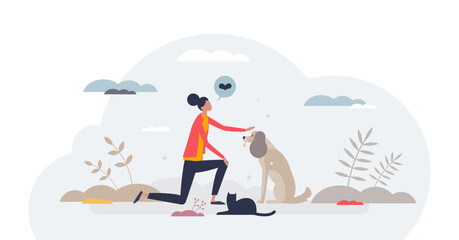 Pet sitter and looking after animals as service offer tiny person concept, transparent background. Professional woman for dog or cat care while owner is away illustration.