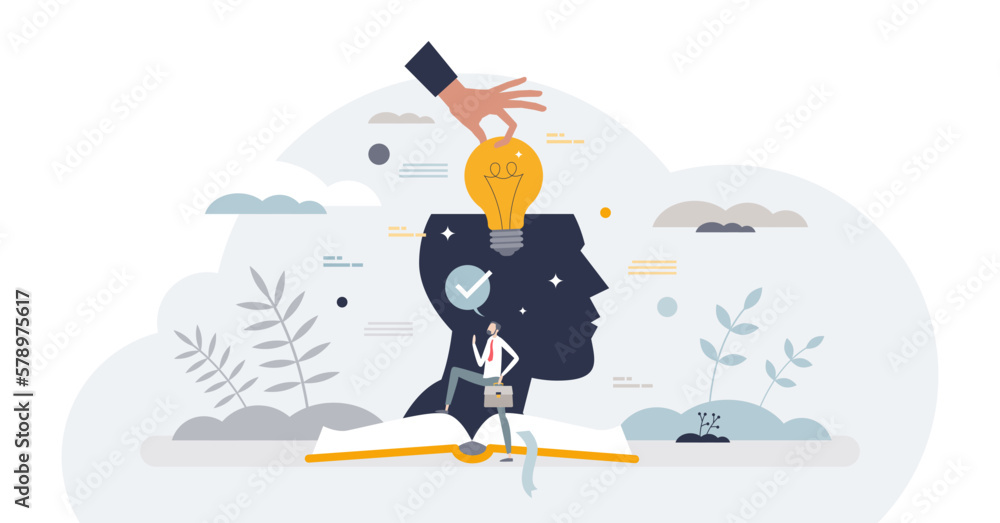 Poster tacit or implicit knowledge from personal mind experience tiny person concept, transparent backgroun
