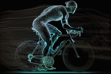 A futuristic young male road cyclist hologram playing with a soccer ball. Generative ai	
