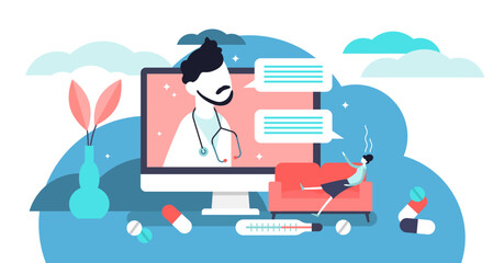 Virtual doctor illustration, transparent background. Flat tiny app medical persons concept. Virtual emergency health consultation. Professional help using distance software to treat.
