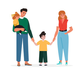 Portrait of modern family with a child holding hands. Happy parents with their children together. Man and woman look their toddler with love, care. Adoption and parenthood concept. Vector illustration