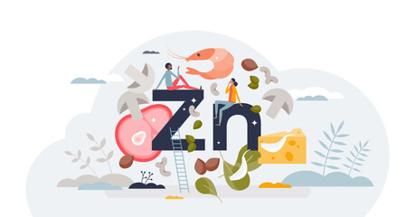 Zinc element in food as healthy rich product eating tiny person concept, transparent background. Red meat and mushrooms as natural source for complete nutrition and organic method.