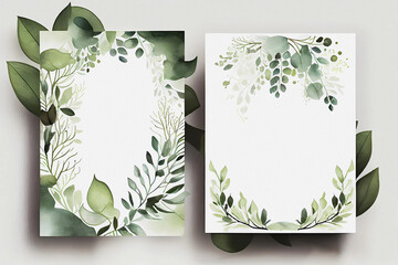 Watercolor wedding cards with elegant leaves. Generative ai design.