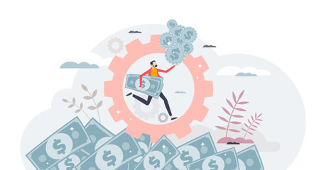Affluenza illness as pursuit of more money and success tiny person concept, transparent background. Neverending chase for financial gains and materialistic values illustration.
