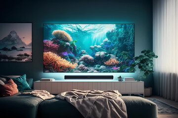 Modern living room with big tv. Interior design. Generative ai.