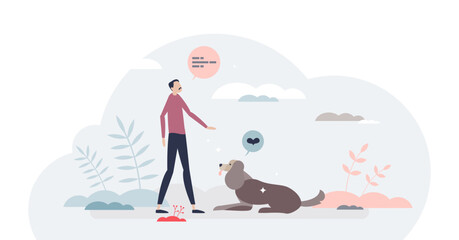 Obraz premium Dog training and domestic pet command teaching lesson tiny person concept, transparent background. Poodle puppy tuition with sit and stay instructions illustration.