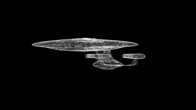 3D spaceship rotates on black bg. Object dissolved white flickering particles 60 FPS. Business advertising backdrop. Science concept. For title, text, presentation. 3D animation.