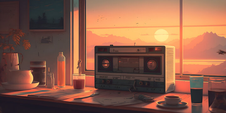 sunset view into the room, lofi background, generative AI