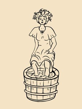 Beautiful Woman Crushing Grapes With Her Feet To Make Wine. Engraving Style. Vector Illustration.