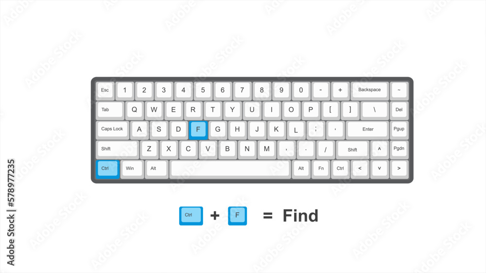 Fototapete vector control ctrl+ f = find - keyboard shortcuts - windows with keyboard white and blue illustrati