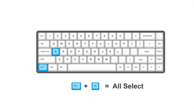 vector control ctrl+ A = All Select - keyboard shortcuts - windows with keyboard white and blue illustration and transparent background isolated Hotkeys