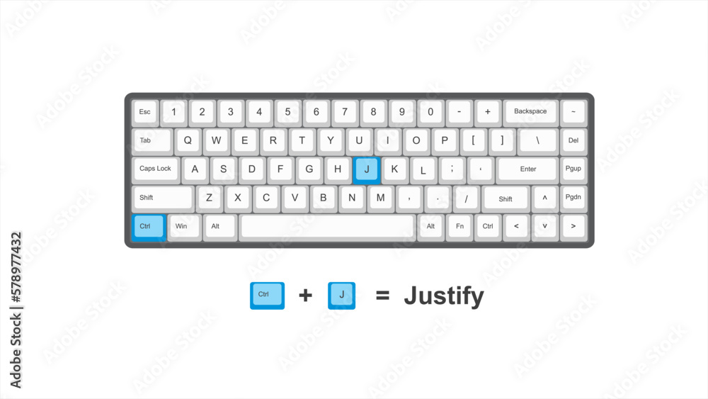 Poster vector control ctrl + j = justify - keyboard shortcuts - windows with keyboard white and blue illust