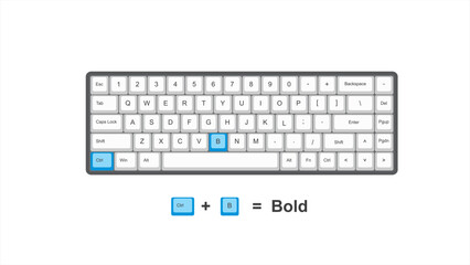 vector control ctrl + B = Bold - keyboard shortcuts - windows with keyboard white and blue illustration and transparent background isolated Hotkeys