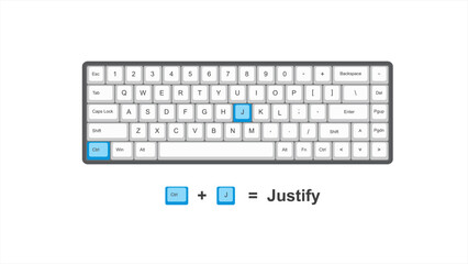 vector control ctrl + J = Justify - keyboard shortcuts - windows with keyboard white and blue illustration and transparent background isolated Hotkeys - obrazy, fototapety, plakaty