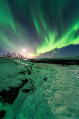 Fototapeta na wymiar imagen de una aurora boreal en el cielo nocturno de Islandia, con estrellas de fondo y el paisaje nevado 