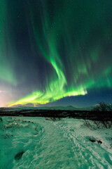 imagen de un paisaje nocturno nevado, con una aurora boreal en el cielo nocturno de Islandia 