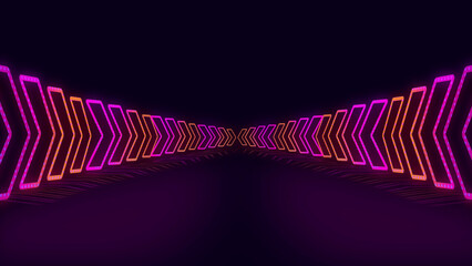 3d rendering led neon platform scene with arrows pointing to the centre of gradient orange and magenta colour background. - obrazy, fototapety, plakaty
