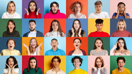 Obraz na płótnie Canvas Collage of ethnically diverse people, men and women expressing surprised, wow emotions over multicolored background. Youth team, job fair, ad concept