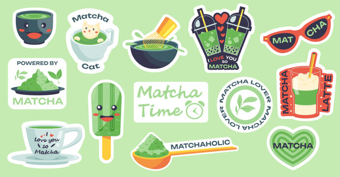 Cartoon kawaii matcha. Funny doodle green tea characters, cute stickers with faces traditional asian natural beverage detox food. Vector flat set