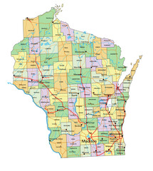 Wisconsin - Highly detailed editable political map with labeling.