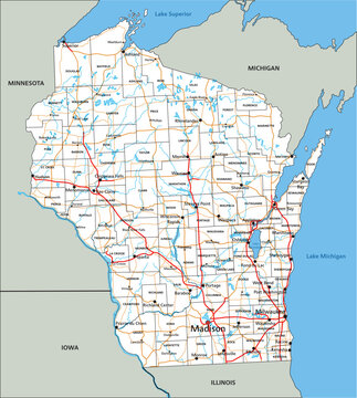 High detailed Wisconsin road map with labeling.
