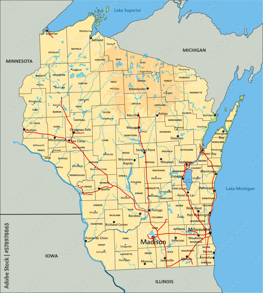 Wall mural High detailed Wisconsin physical map with labeling.