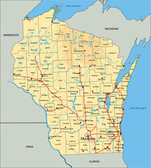 High detailed Wisconsin physical map with labeling. - 578978863