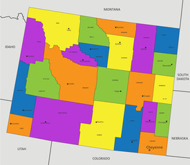 Colorful Wyoming political map with clearly labeled, separated layers. Vector illustration.