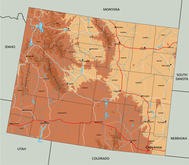 Highly detailed Wyoming physical map with labeling.