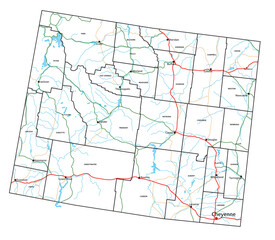 Wyoming road and highway map. Vector illustration.