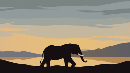 Fototapeta na wymiar elephant walking through a serene landscape with rolling hills and a tranquil lake