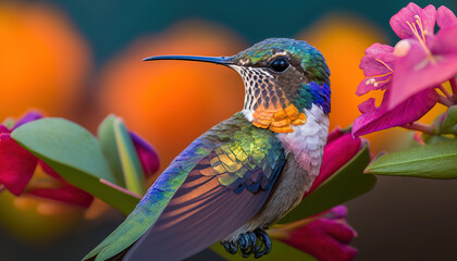 Hummingbird on a flower. Сlose up. Digital ai artwork.