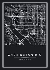 Black and white printable Washington, D.C. city map, poster design, vector illistration. - obrazy, fototapety, plakaty