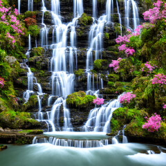 Naklejka premium Small Waterfall In the Tropical Jungle Generative AI Art